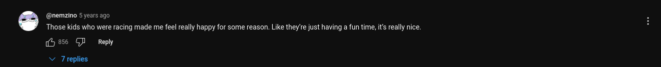 User comment on Rambalac's shinrin-yoku YouTube video. The user felt happy watching the kids play.