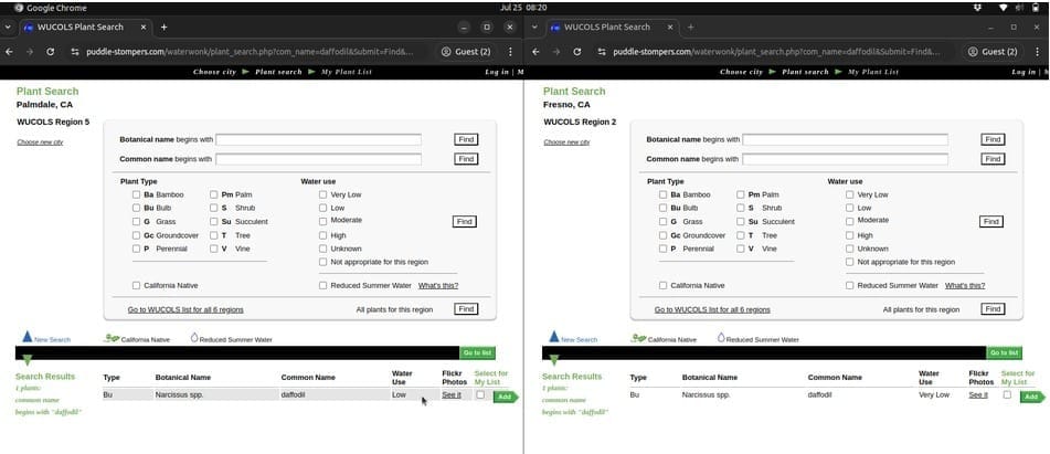 Screenshots of a WUCOLS output on two different windows. The first window shows that a daffodil is a low water use plant in Palmdale. The second window shows that a daffodil is a very low water use plant in Fresno 